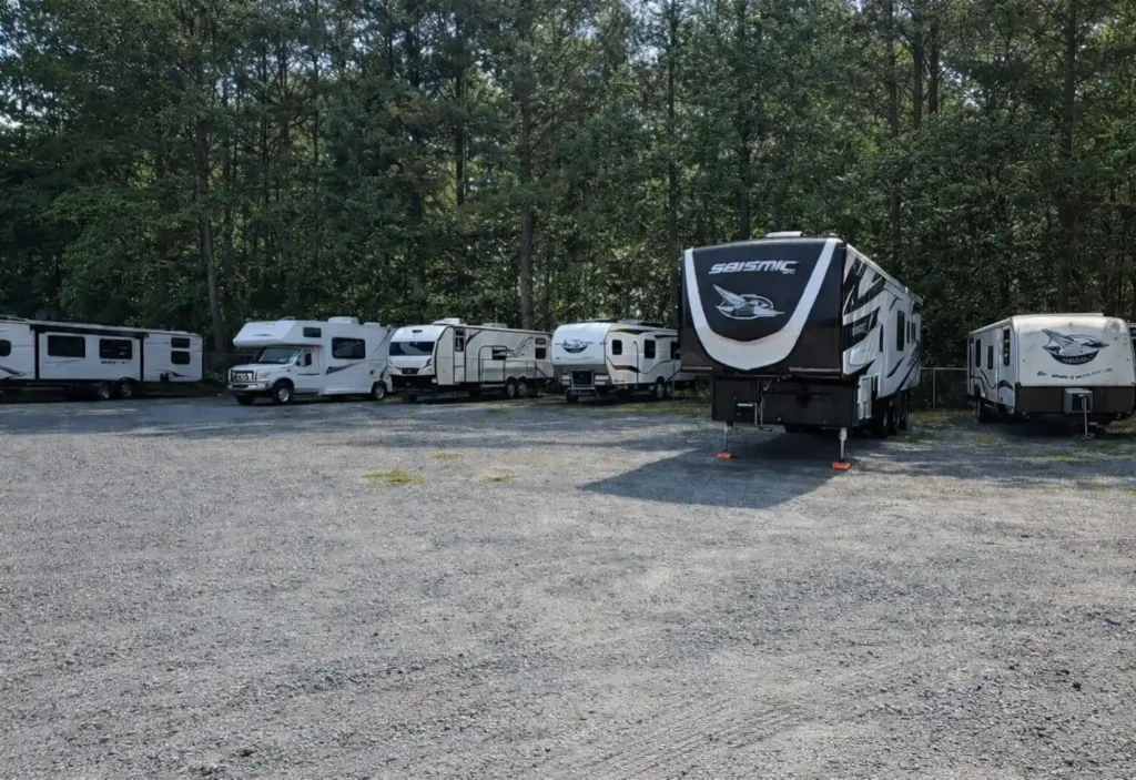 Outdoor RV and boat storage in Marietta GA with large vehicle parking in a gated facility